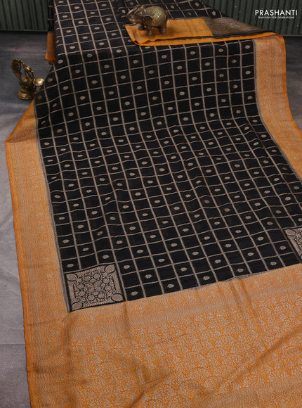 Banarasi semi crepe saree black and mustard yellow with allover checks & buttas and woven border