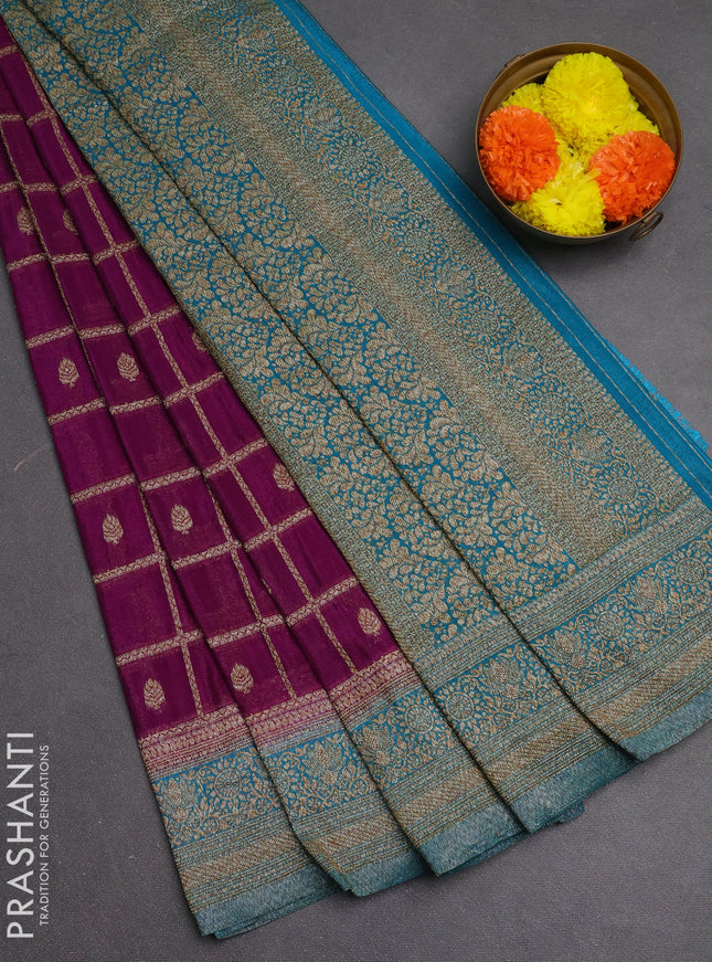 Banarasi semi crepe saree purple and teal blue with allover checks & buttas and woven border
