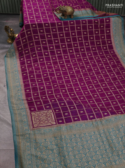Banarasi semi crepe saree purple and teal blue with allover checks & buttas and woven border