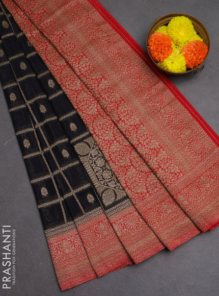 Banarasi semi crepe saree blacl and red with allover checks & buttas and woven border