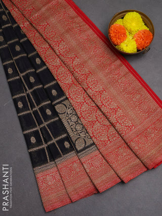 Banarasi semi crepe saree blacl and red with allover checks & buttas and woven border