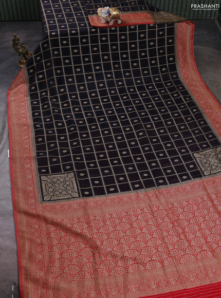 Banarasi semi crepe saree blacl and red with allover checks & buttas and woven border