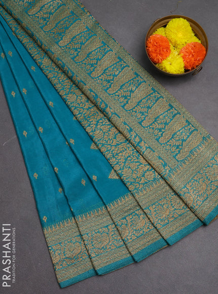 Banarasi semi crepe saree teal blue with woven buttas and woven border
