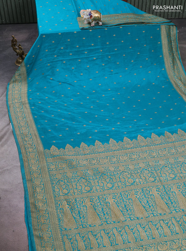 Banarasi semi crepe saree teal blue with woven buttas and woven border