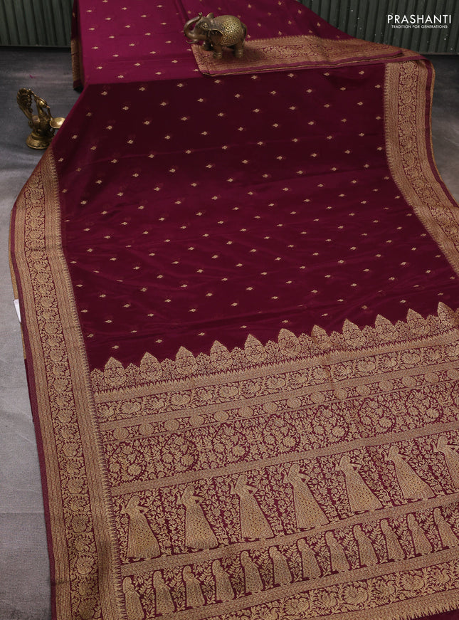 Banarasi semi crepe saree deep wine with woven buttas and woven border