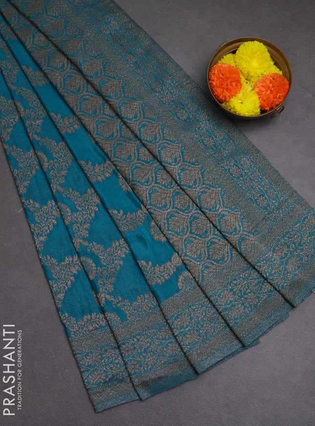 Banarasi semi crepe saree teal blue with allover thread & zari weaves and woven border