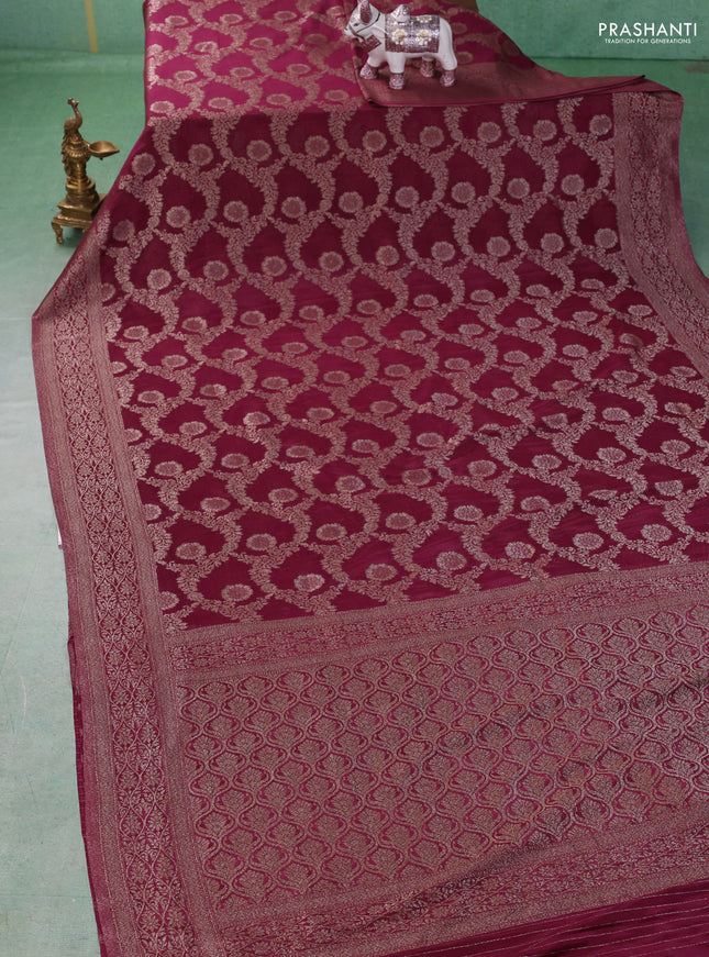 Banarasi semi crepe saree wine shade with allover thread & zari weaves and woven border