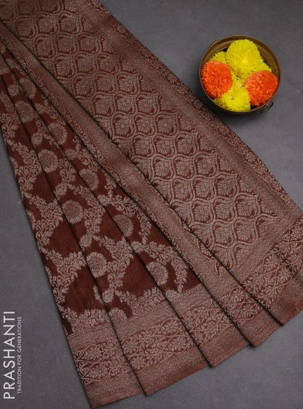 Banarasi semi crepe saree brown with allover thread & zari weaves and woven border