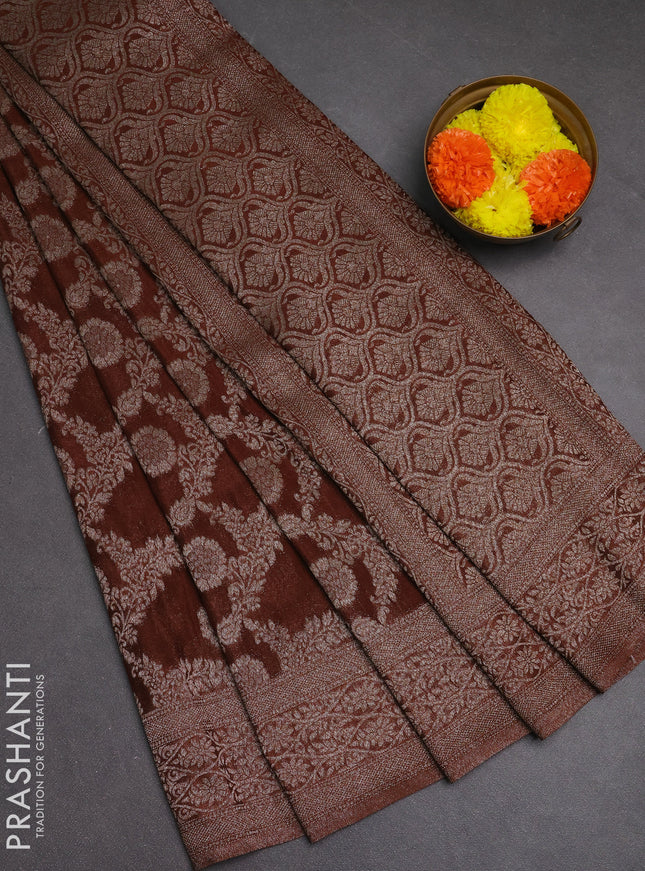 Banarasi semi crepe saree brown with allover thread & zari weaves and woven border