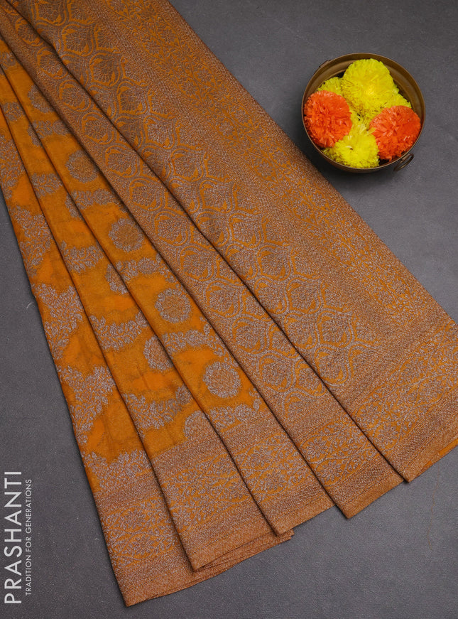 Banarasi semi crepe saree mustard yellow with allover thread & zari weaves and woven border