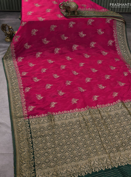 Banarasi semi crepe saree pink and dark green with woven buttas and woven border