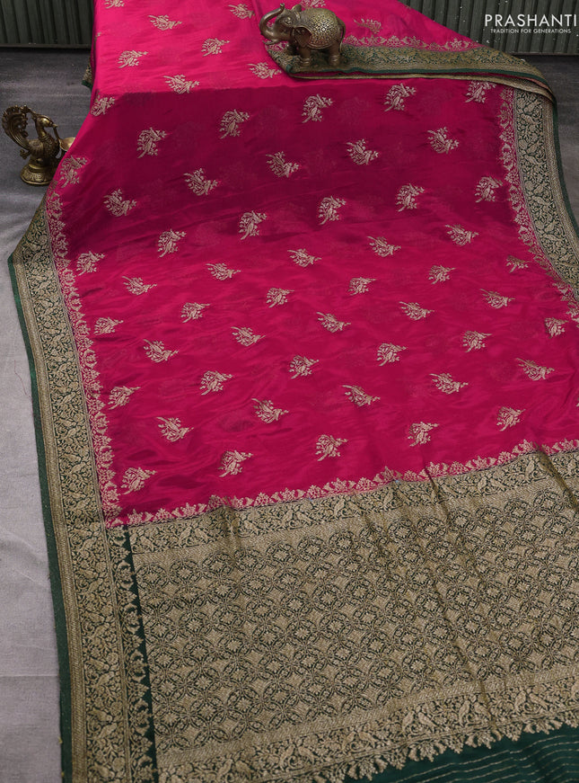 Banarasi semi crepe saree pink and dark green with woven buttas and woven border