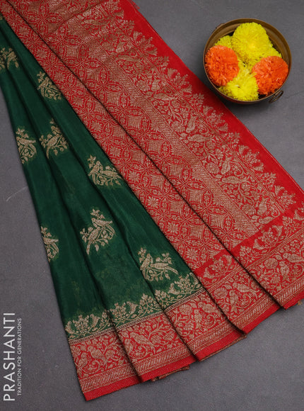 Banarasi semi crepe saree green and red with woven buttas and woven border