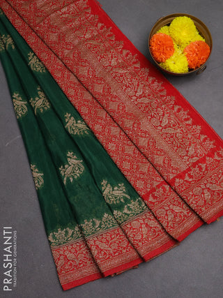 Banarasi semi crepe saree green and red with woven buttas and woven border