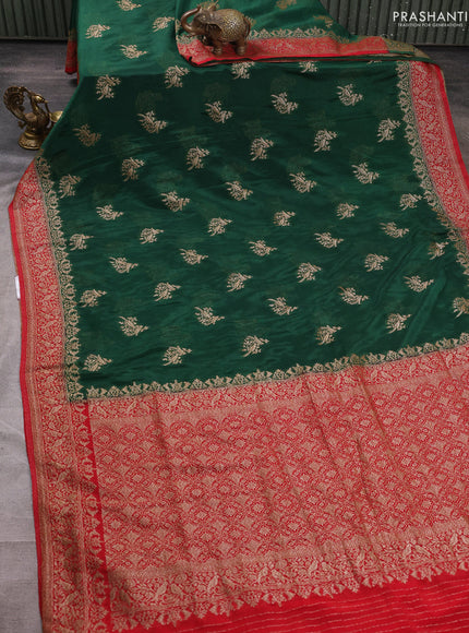 Banarasi semi crepe saree green and red with woven buttas and woven border