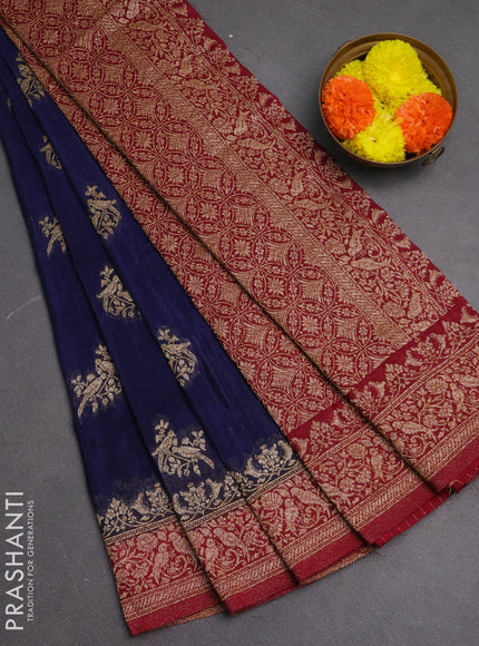 Banarasi semi crepe saree navy blue and maroon with woven buttas and woven border