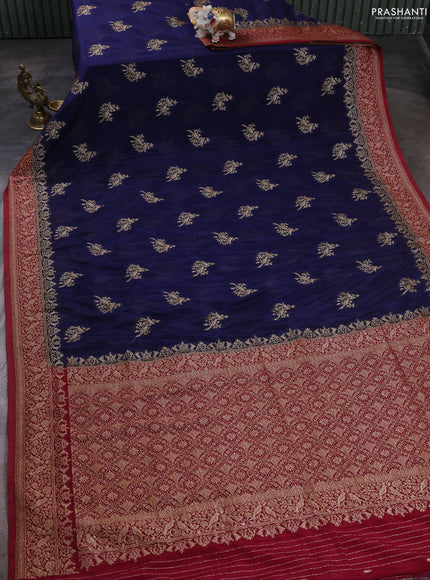 Banarasi semi crepe saree navy blue and maroon with woven buttas and woven border