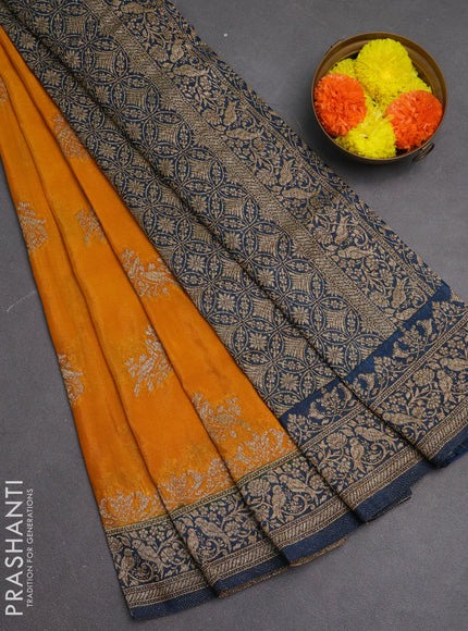 Banarasi semi crepe saree mango yellow and peacock blue with woven buttas and woven border