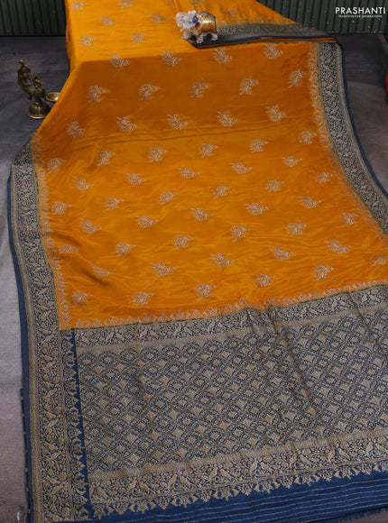 Banarasi semi crepe saree mango yellow and peacock blue with woven buttas and woven border
