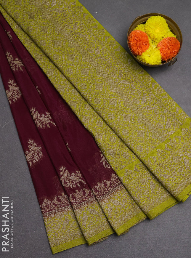 Banarasi semi crepe saree maroon and lime green with woven buttas and woven border