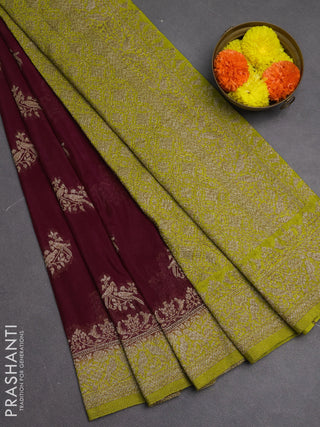 Banarasi semi crepe saree maroon and lime green with woven buttas and woven border