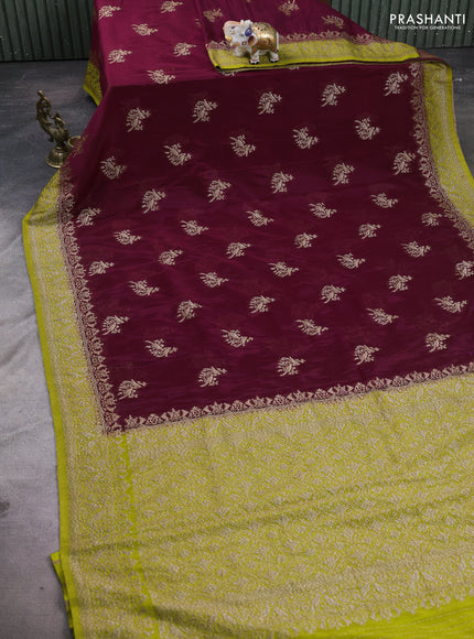 Banarasi semi crepe saree maroon and lime green with woven buttas and woven border