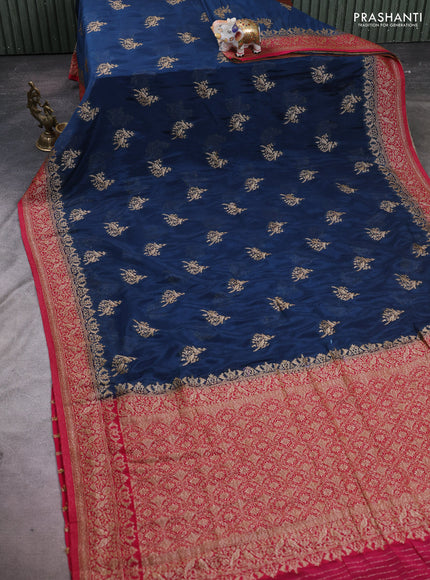 Banarasi semi crepe saree peacock blue and pink with woven buttas and woven border