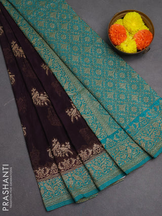 Banarasi semi crepe saree deep jamun and teal blue with woven buttas and woven border