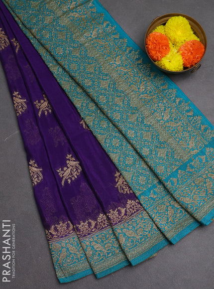 Banarasi semi crepe saree violet and teal blue with woven buttas and woven border