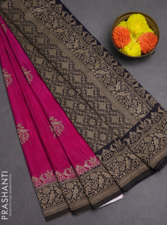 Banarasi semi crepe saree pink and navy blue with woven buttas and woven border