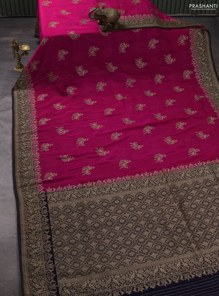 Banarasi semi crepe saree pink and navy blue with woven buttas and woven border