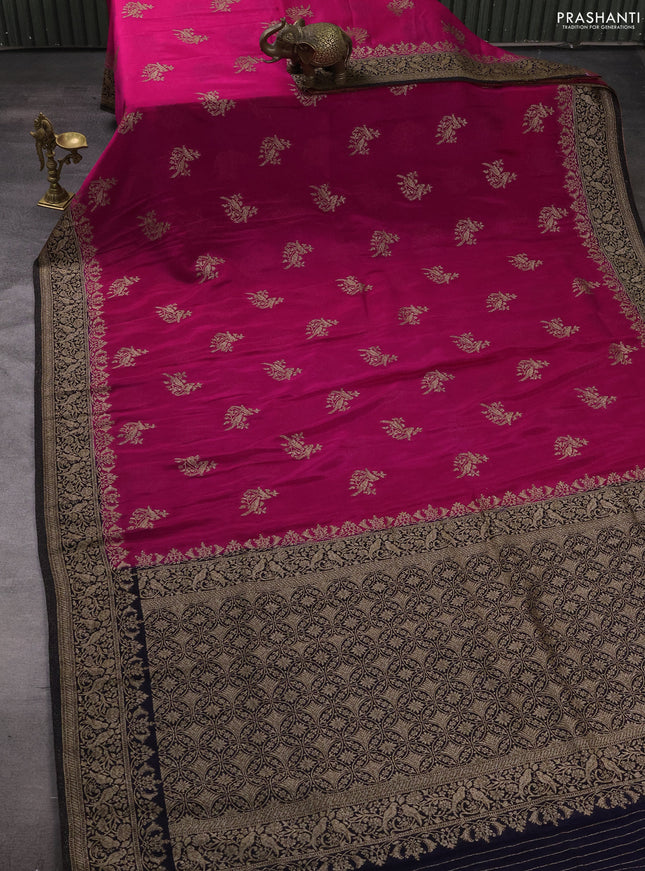 Banarasi semi crepe saree pink and navy blue with woven buttas and woven border
