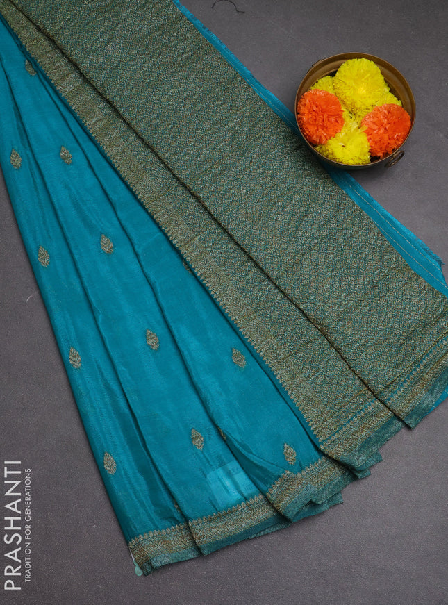 Banarasi semi crepe saree teal blue with woven buttas and woven border