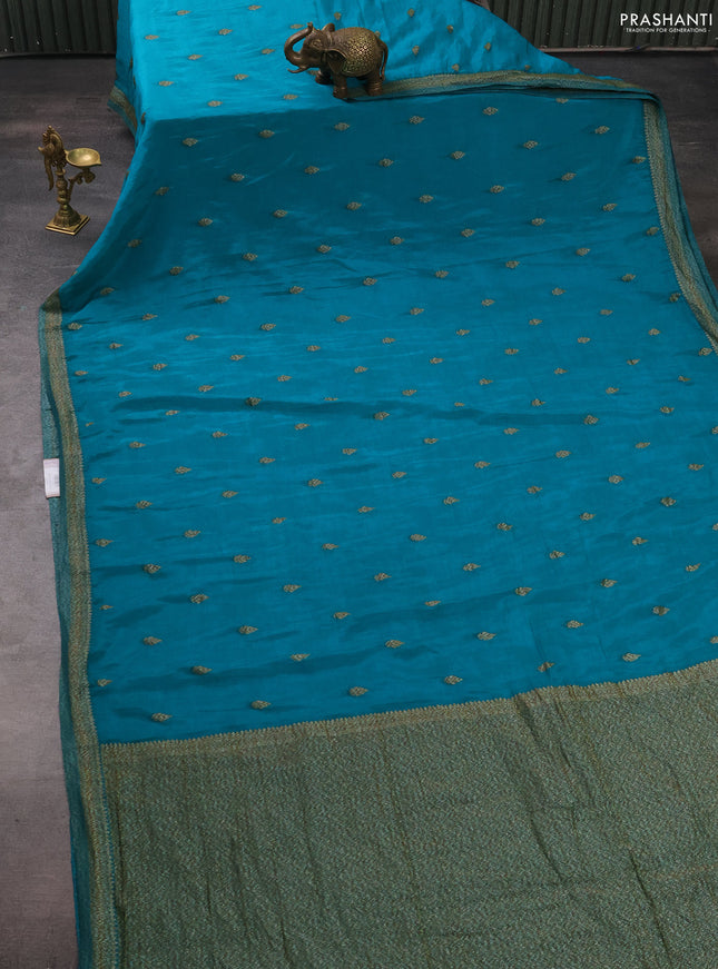 Banarasi semi crepe saree teal blue with woven buttas and woven border