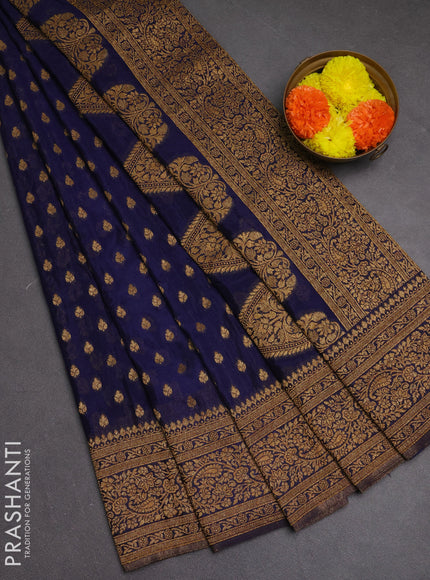 Banarasi semi crepe saree navy blue with woven buttas and woven border