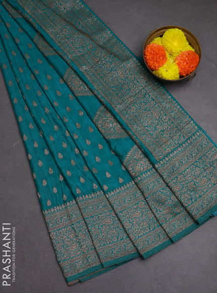 Banarasi semi crepe saree teal green with woven buttas and woven border