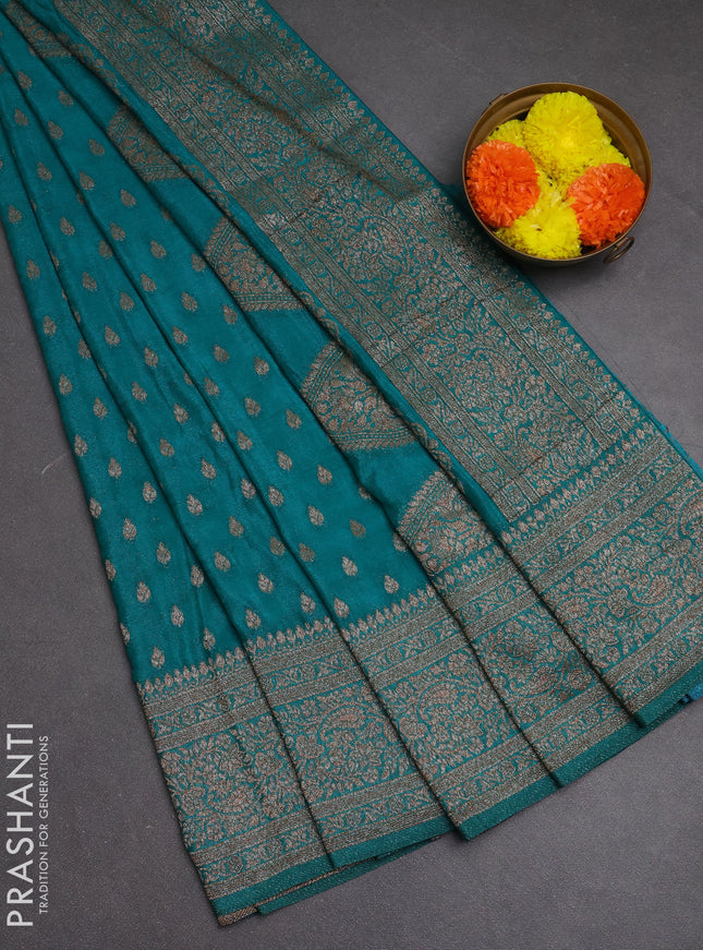 Banarasi semi crepe saree teal green with woven buttas and woven border