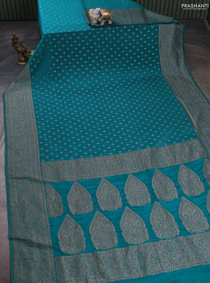 Banarasi semi crepe saree teal green with woven buttas and woven border