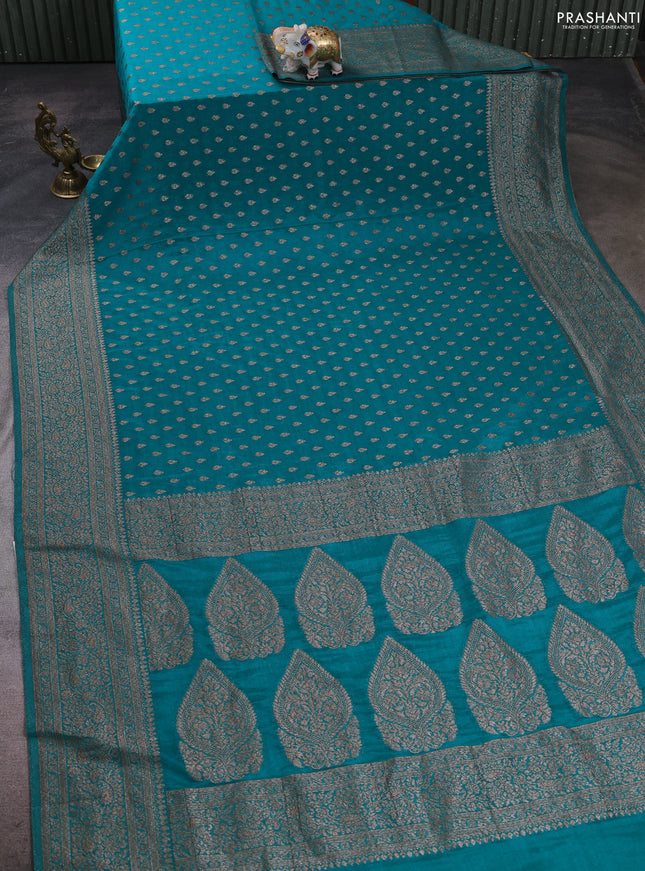Banarasi semi crepe saree teal green with woven buttas and woven border