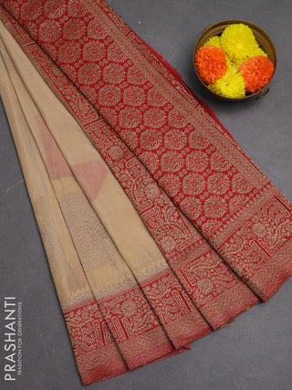 Banarasi semi crepe saree sandal and red with woven buttas and woven border