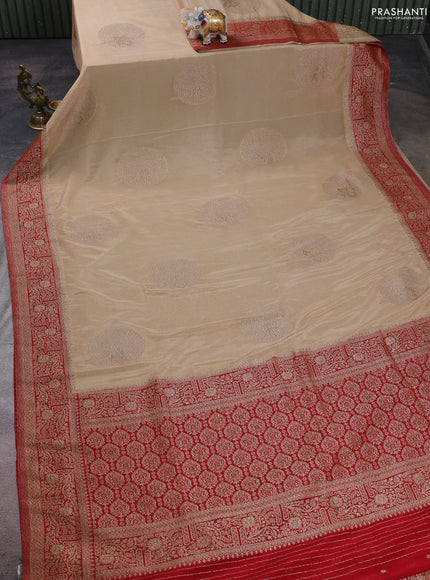 Banarasi semi crepe saree sandal and red with woven buttas and woven border