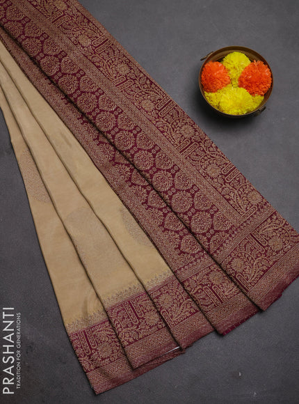 Banarasi semi crepe saree beige and purple with woven buttas and woven border