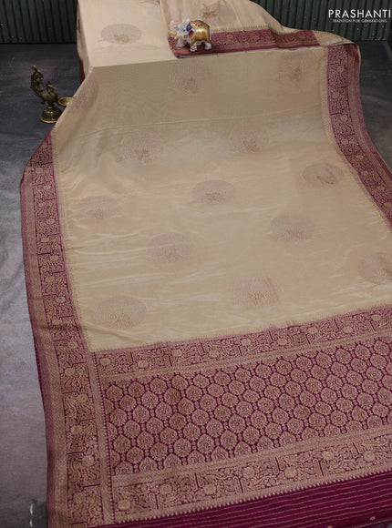 Banarasi semi crepe saree beige and purple with woven buttas and woven border
