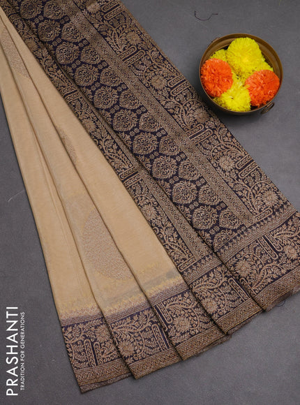 Banarasi semi crepe saree beige and navy blue with woven buttas and woven border