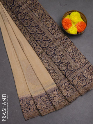 Banarasi semi crepe saree beige and navy blue with woven buttas and woven border