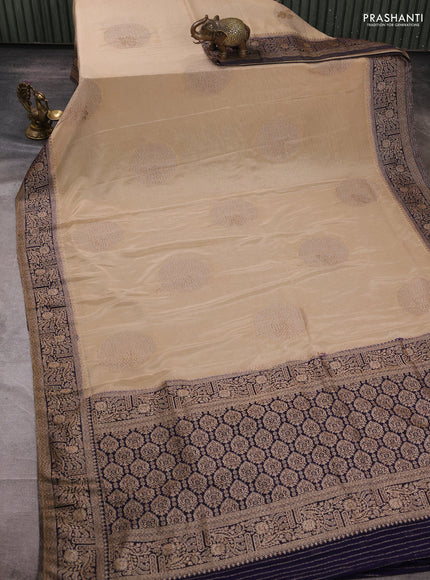 Banarasi semi crepe saree beige and navy blue with woven buttas and woven border