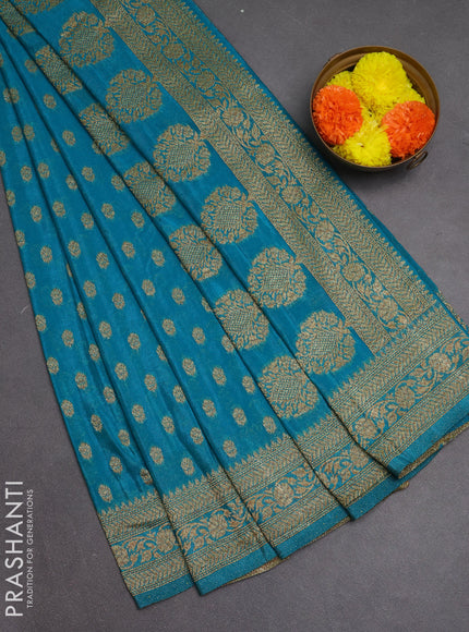 Banarasi semi crepe saree teal blue with allover woven buttas and woven border