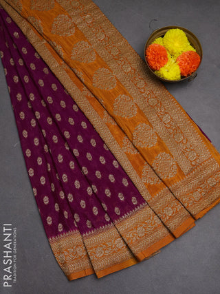 Banarasi semi crepe saree purple and dark mustard with allover woven buttas and woven border