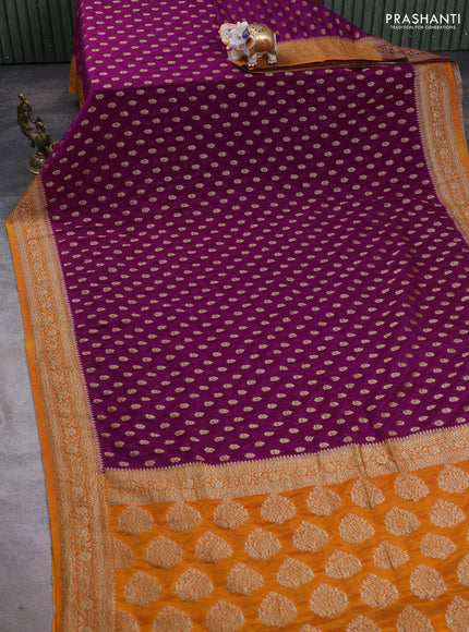 Banarasi semi crepe saree purple and dark mustard with allover woven buttas and woven border