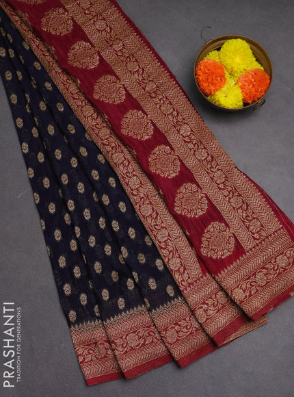 Banarasi semi crepe saree navy blue and maroon with allover woven buttas and woven border